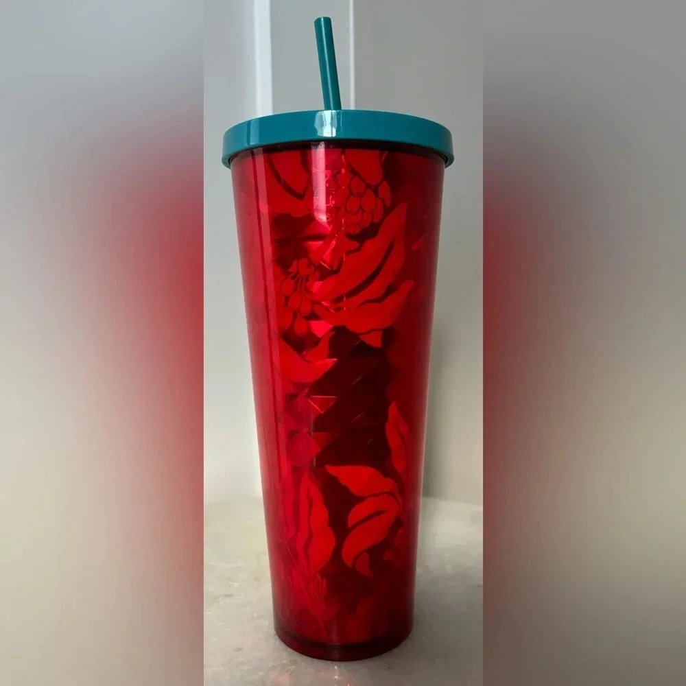 STARBUCKS Rare Red Flower & Teal Lid Straw Tumbler 24oz Excellent Condition‎